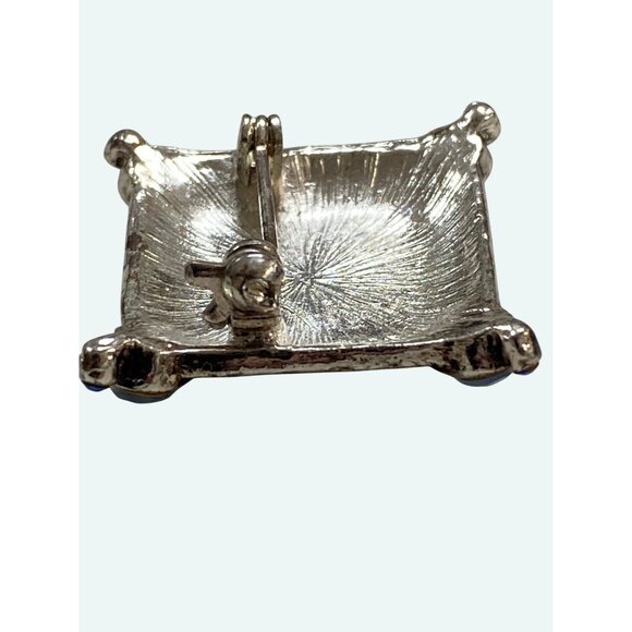 Vintage Silver Tone Square Brooch With Blue Glass Cabochon & Teardrop Rhinestone - Picture 4 of 5